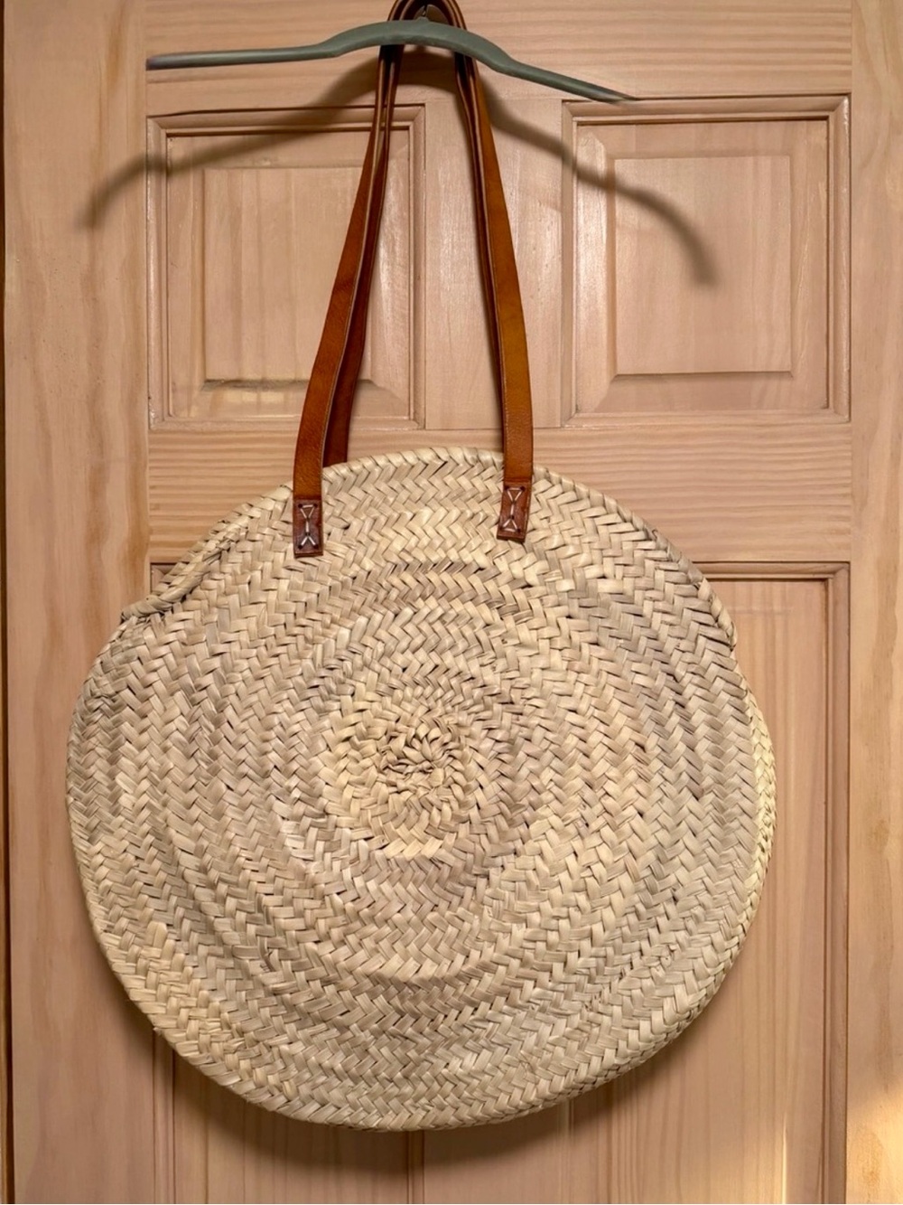 Farmers Market Round Woven Straw Tote with Brown Leather Straps